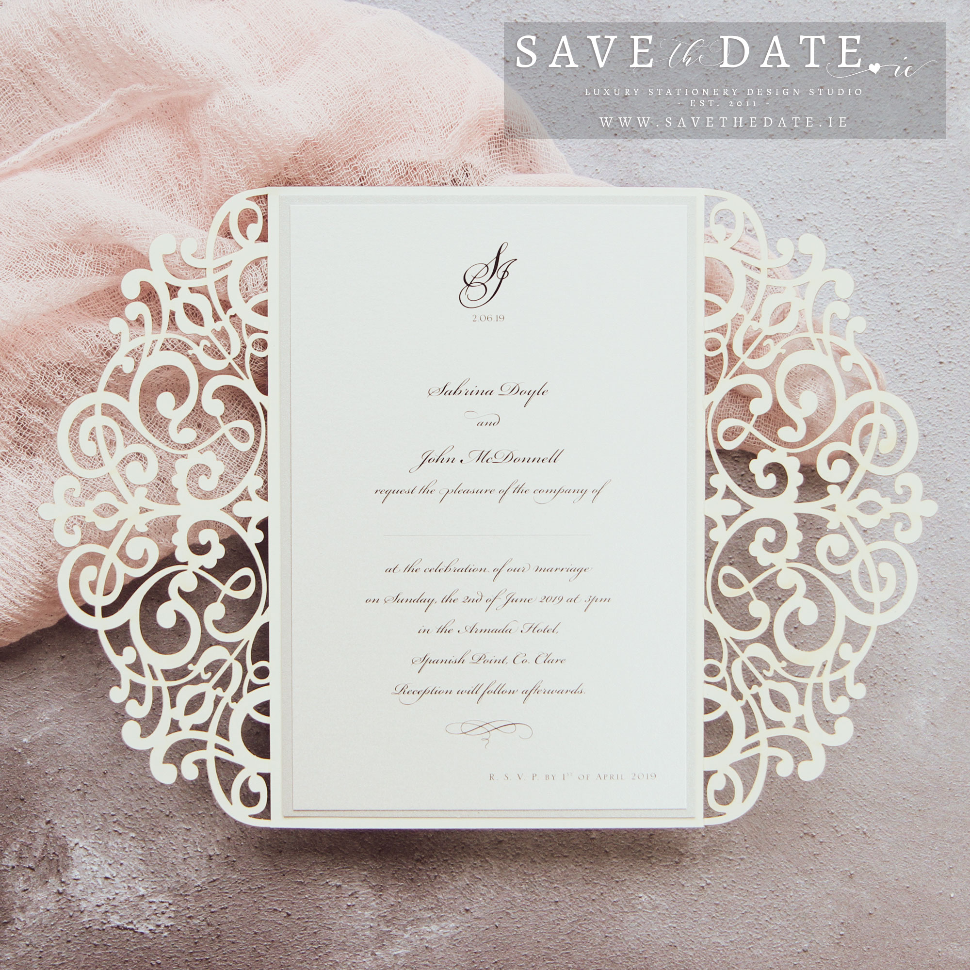 Elegant glitter laser cut silver invitation with wrap band, jewel and ...