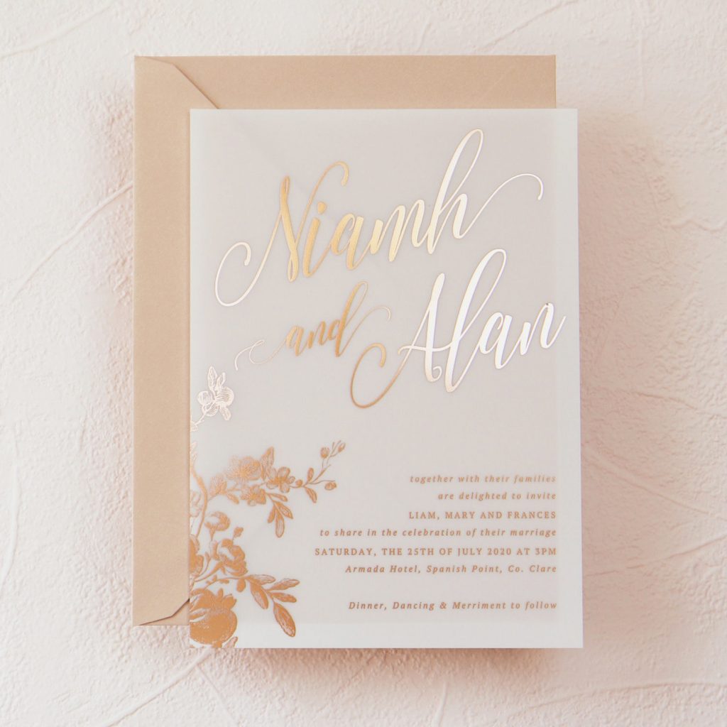 Blush and vellum transparent invitation with rose gold